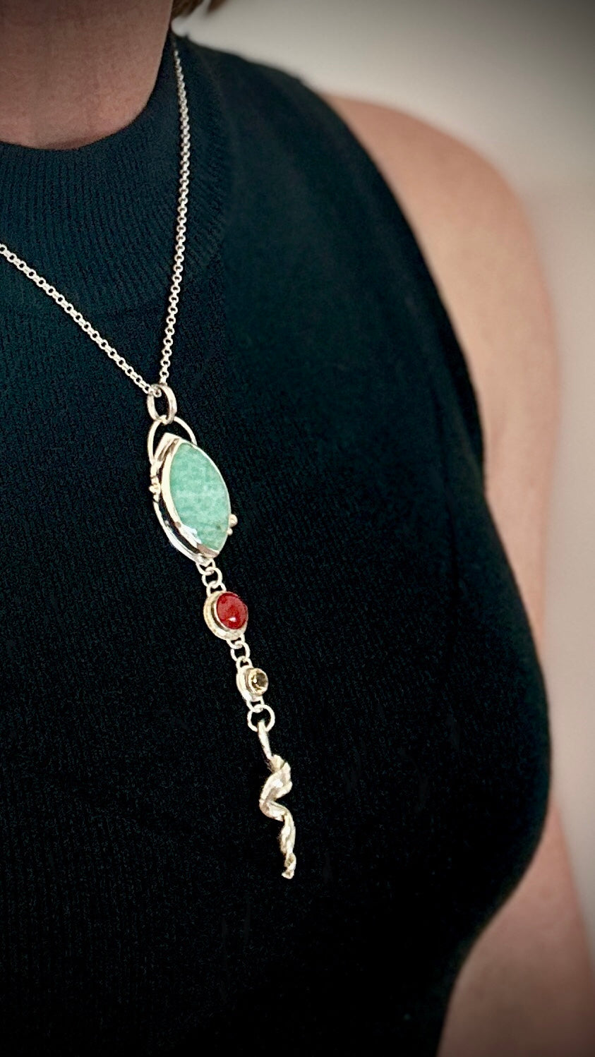 Amazonite pendant with organic silver mitsuro hikime twist and gemstone drops – Marina Fox Fine Art