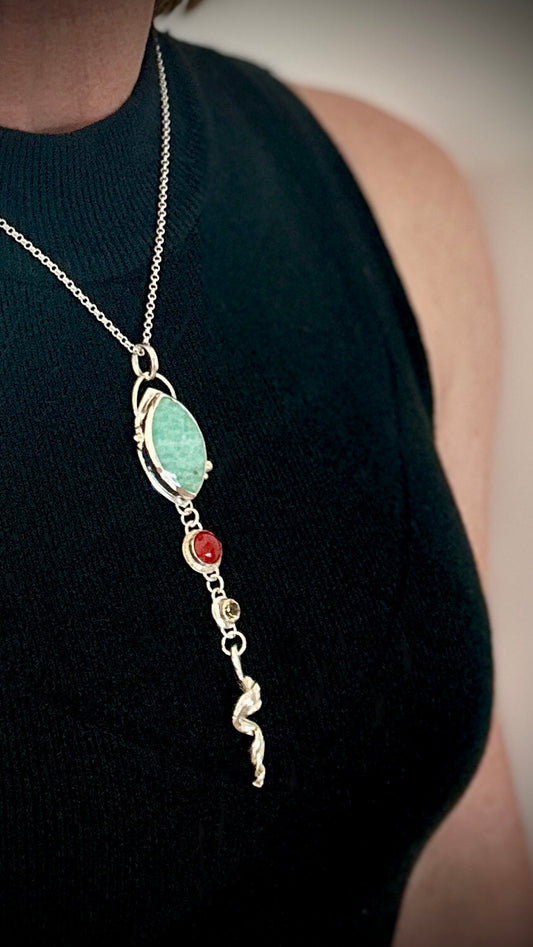 Amazonite pendant with organic silver mitsuro hikime twist and gemstone drops – Marina Fox Fine Art