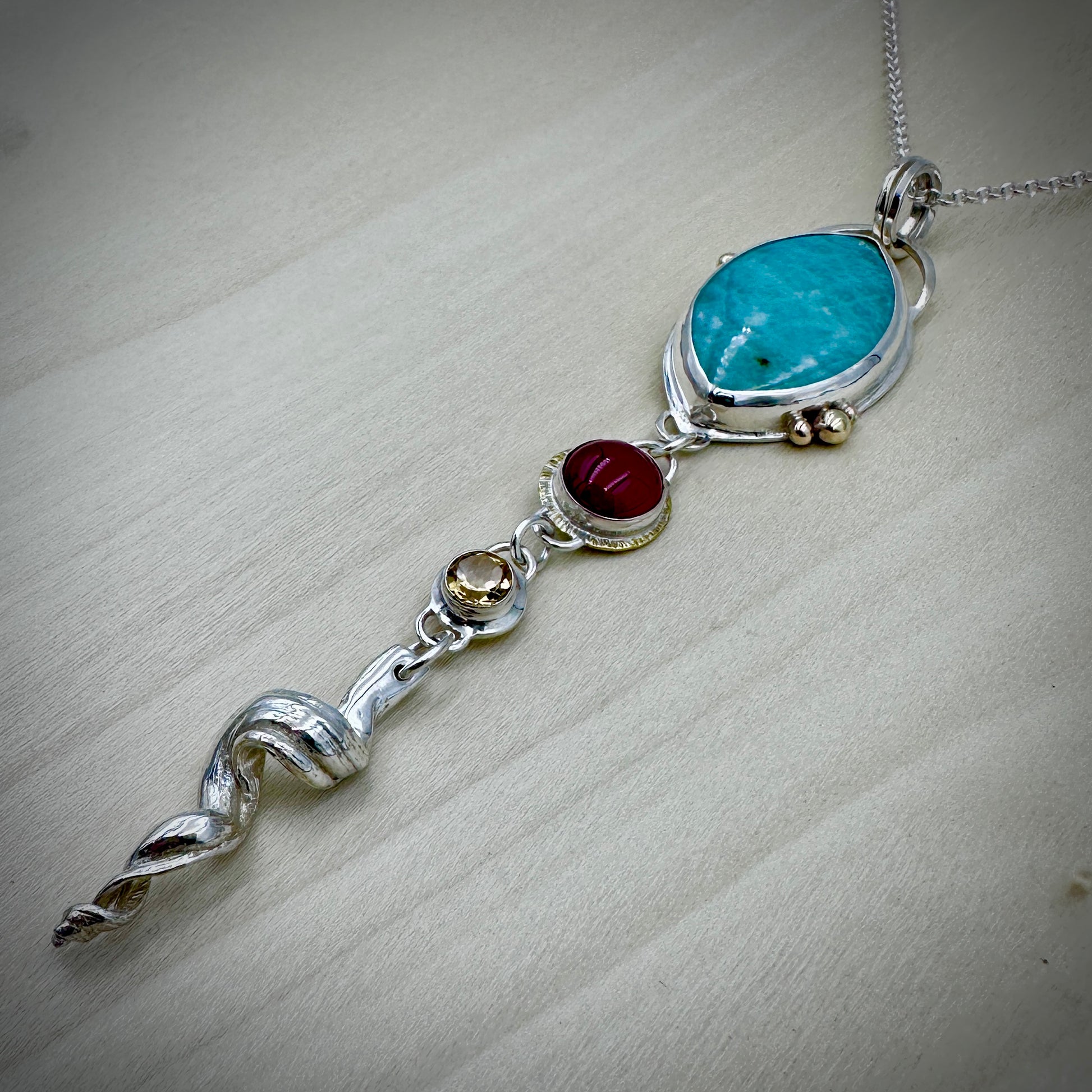 Artisan sterling silver pendant featuring Amazonite, Carnelian cabochon and faceted Citrine – Marina Fox Fine Art