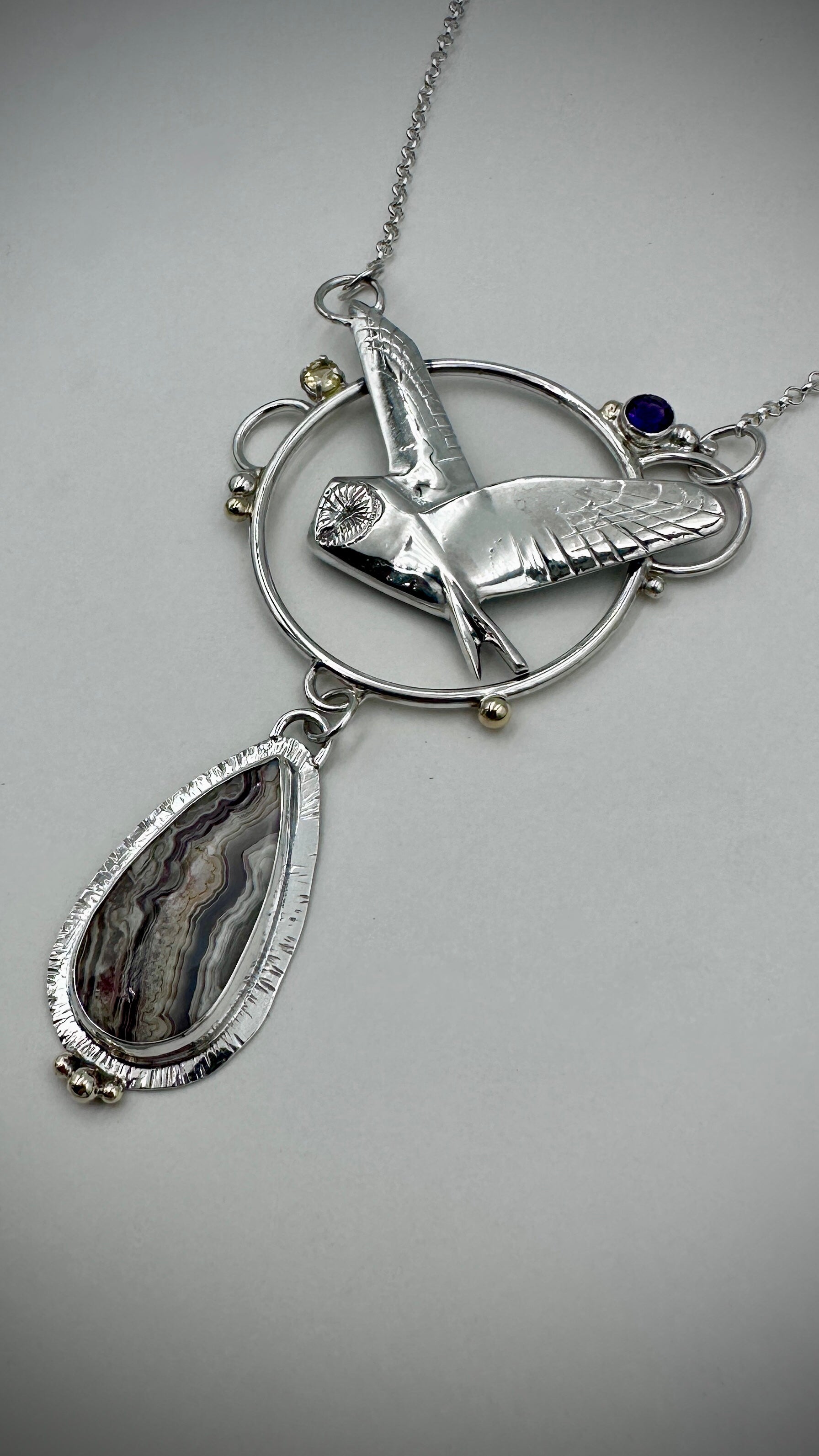 Barn Owl Pendant flat lay showing full 9.5cm height and 5.5cm width, Marina Fox Fine Art	