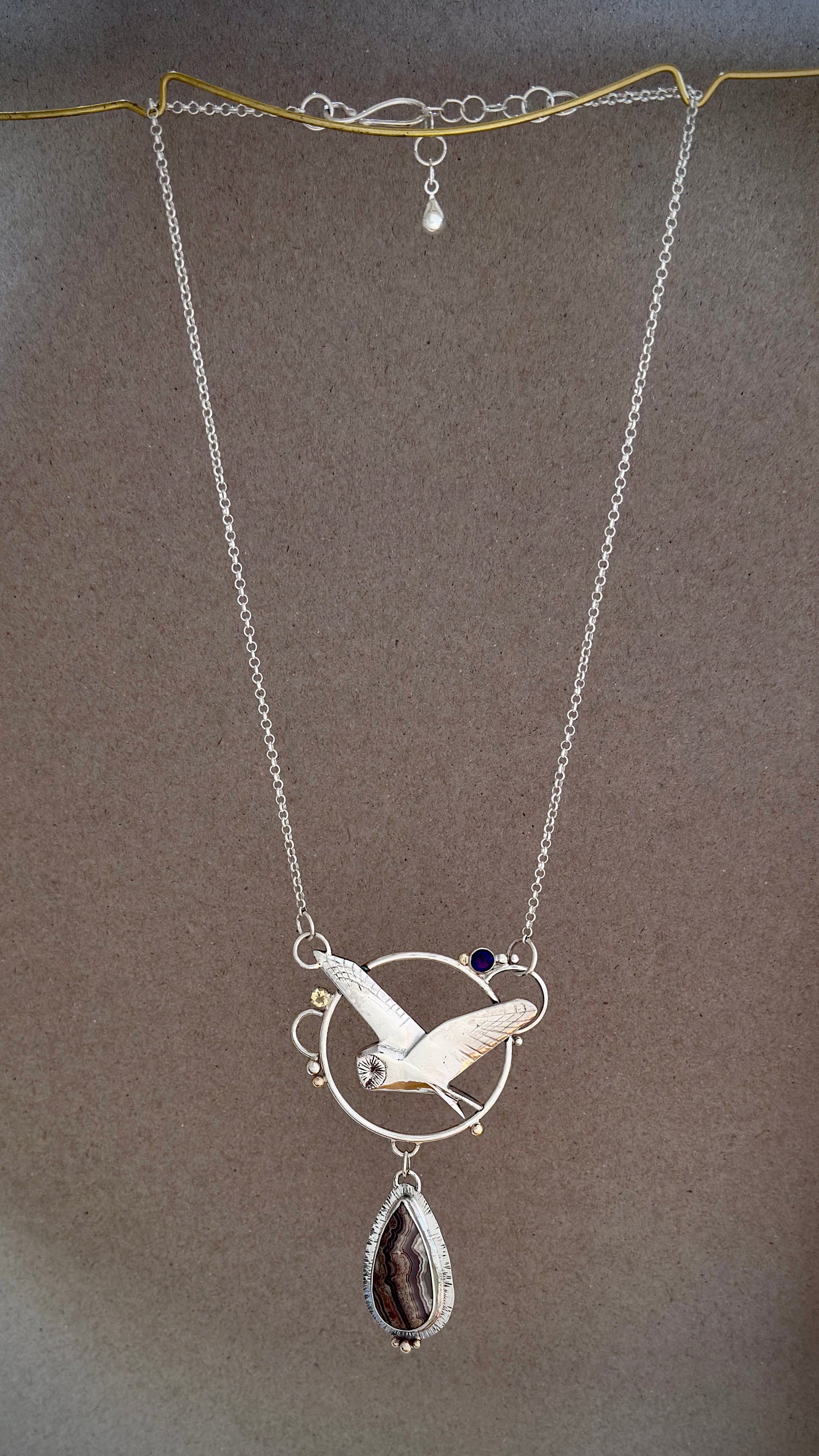 Barn Owl Pendant in Sterling Silver with Crazy Agate, Amethyst and Citrine - full pendant view on chain