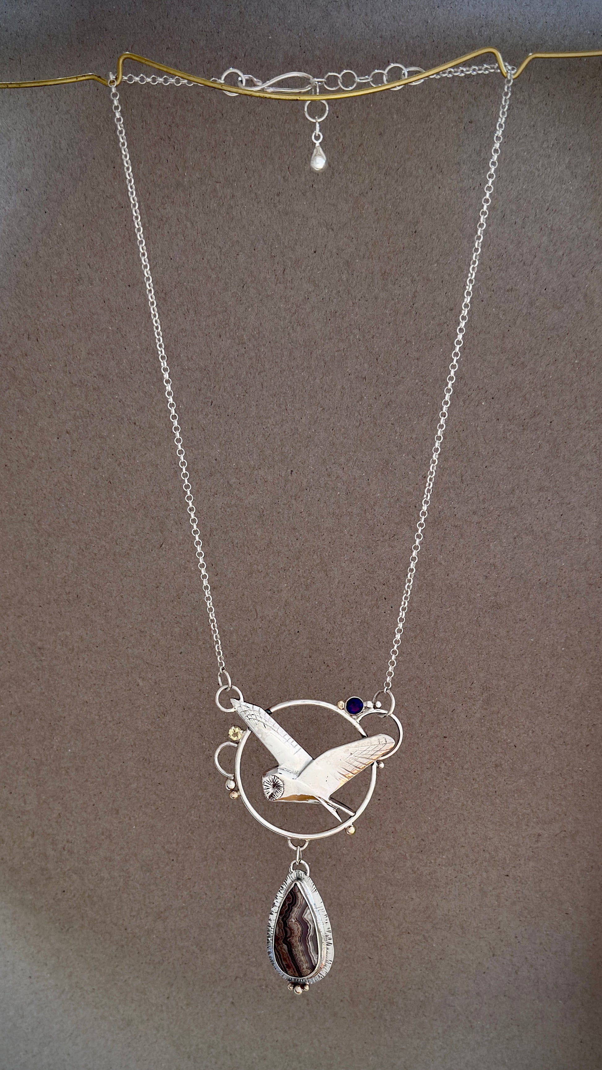 Barn Owl Pendant in Sterling Silver with Crazy Agate, Amethyst and Citrine - full pendant view on chain