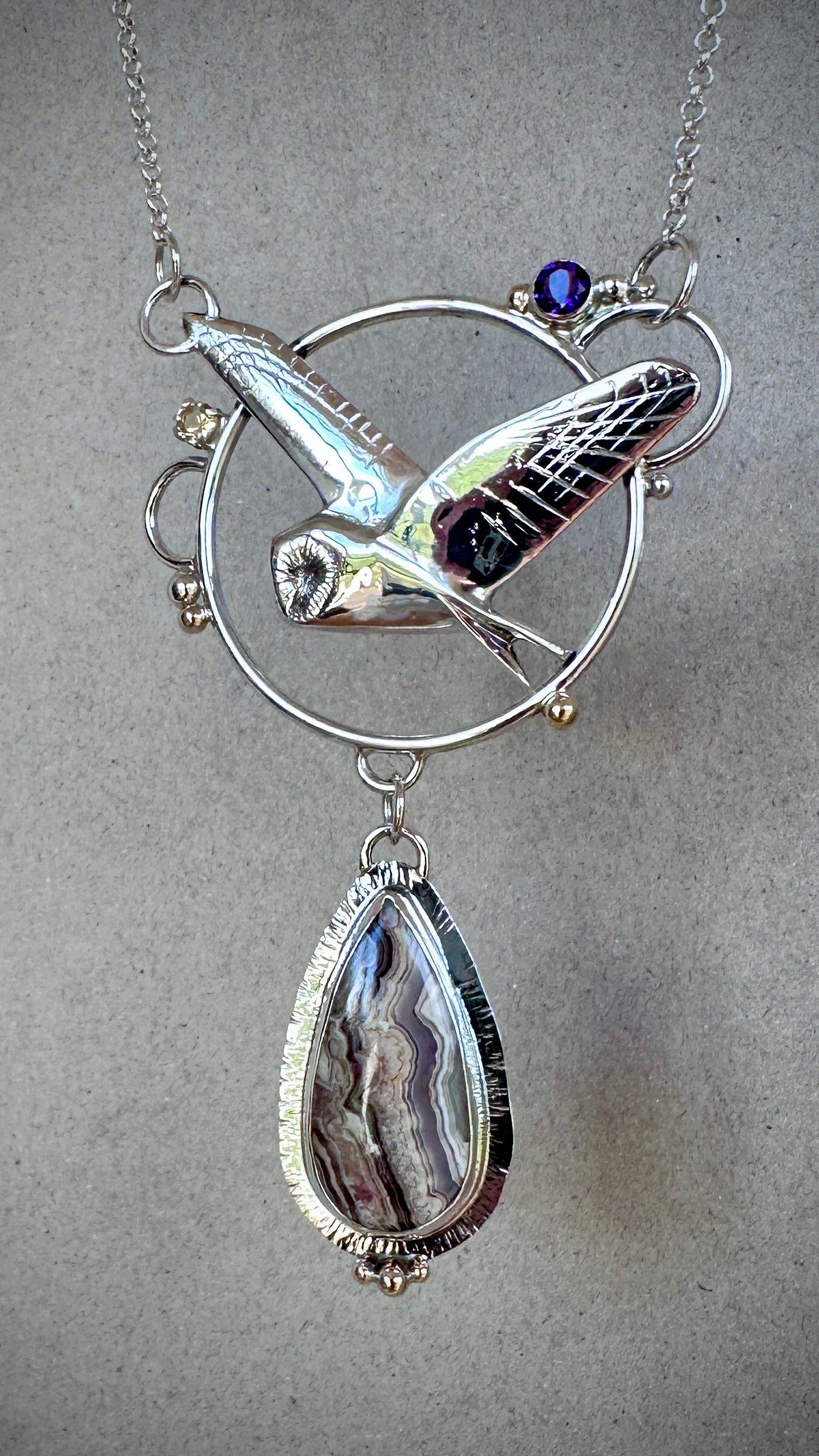 Barn Owl Pendant on adjustable sterling silver Belcher chain