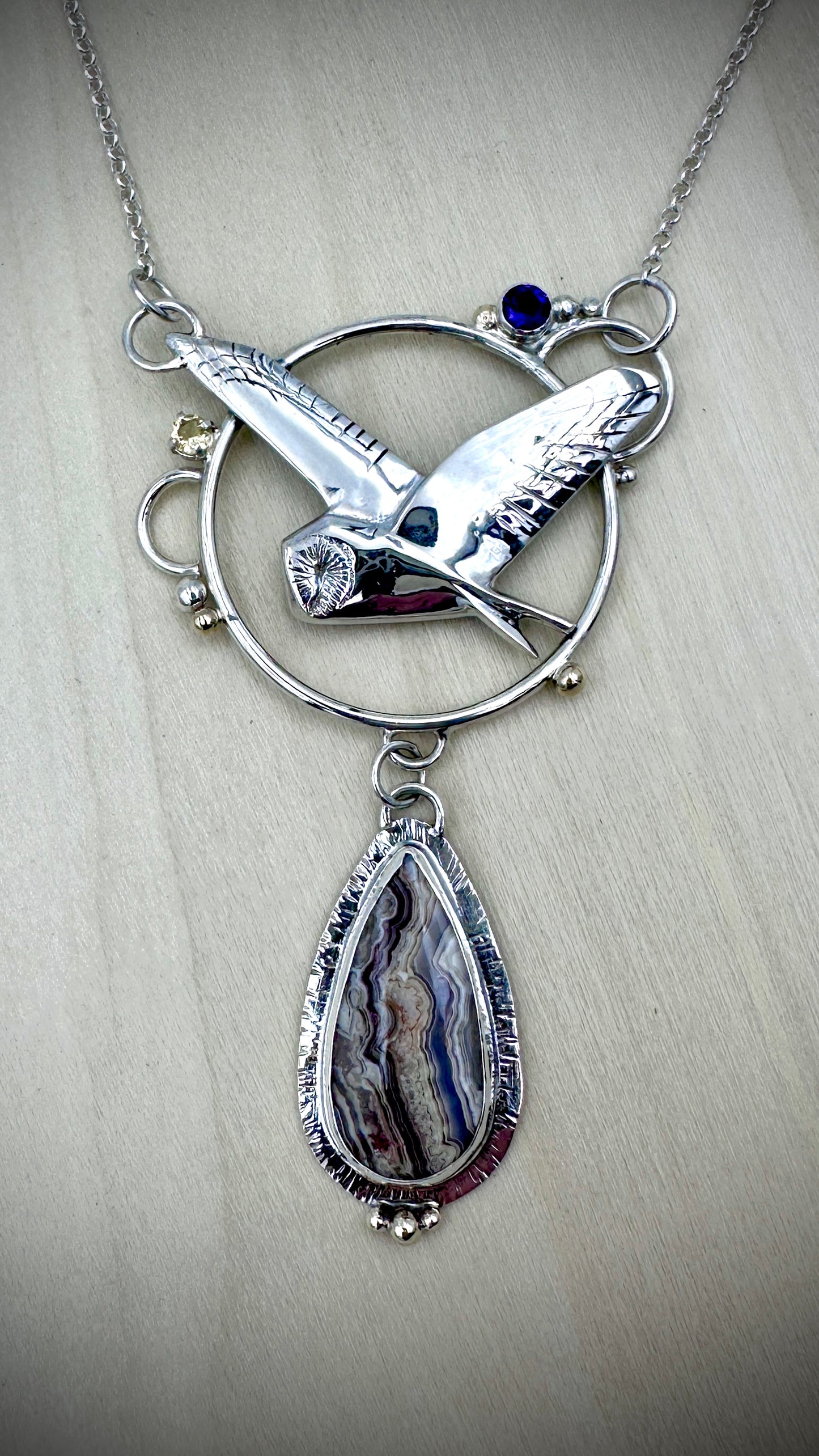 Barn Owl Pendant on adjustable sterling silver Belcher chain with crazy agate amethyst and citrine