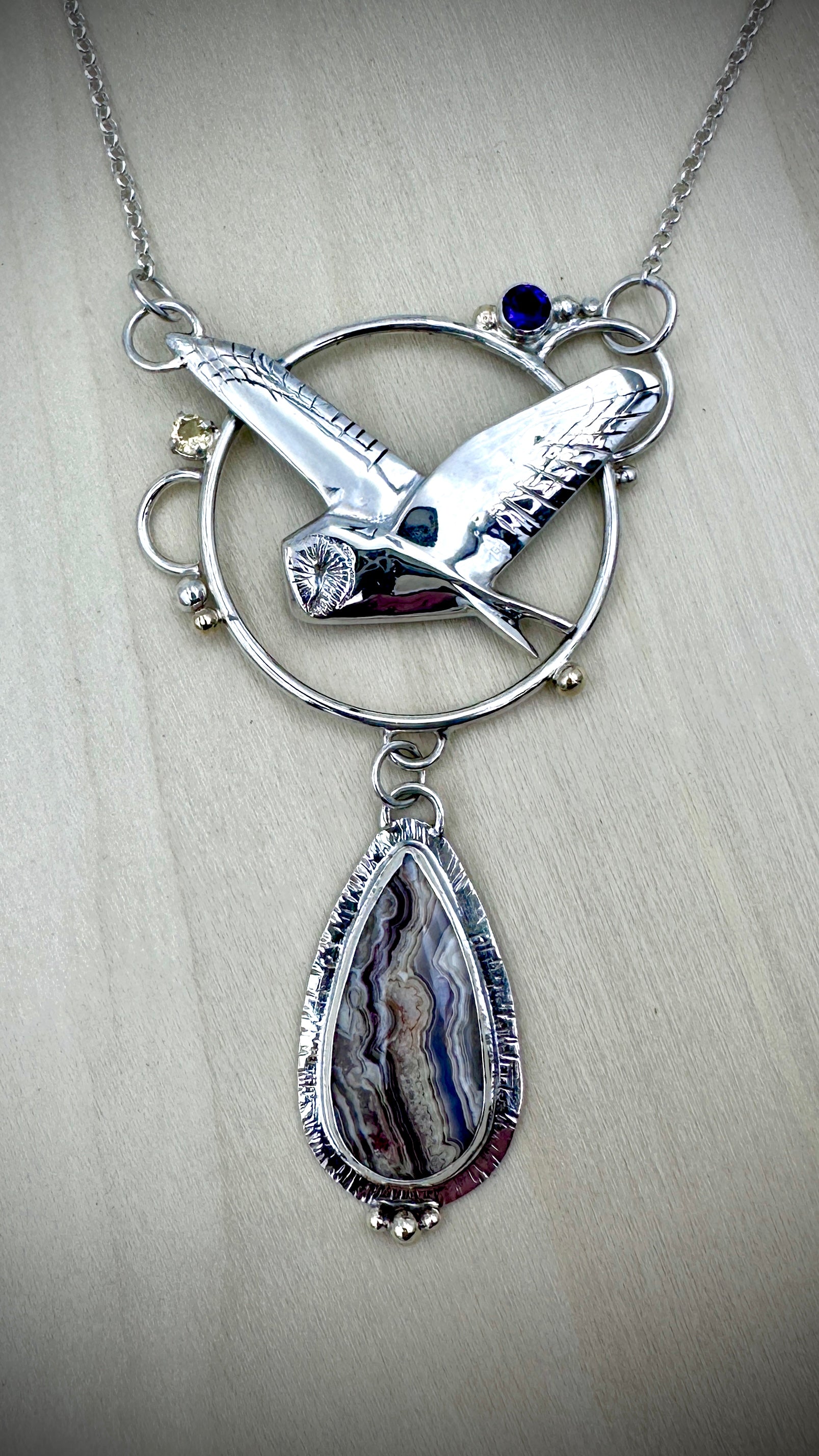 Barn Owl Pendant on adjustable sterling silver Belcher chain with crazy agate amethyst and citrine