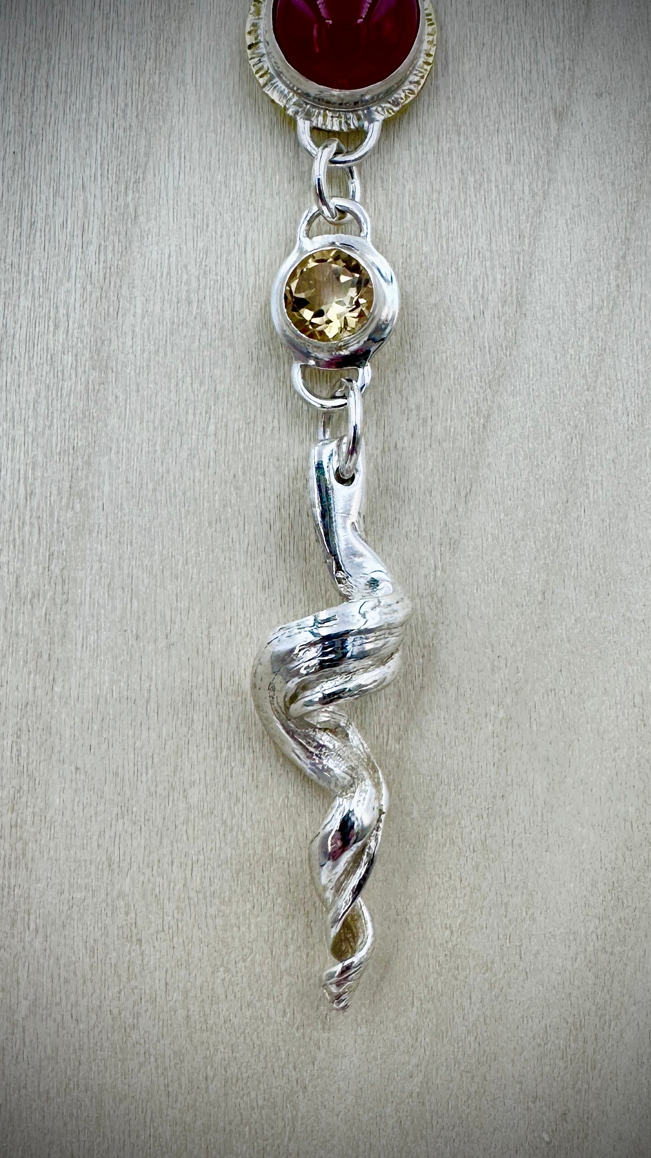 Blue Amazonite gemstone pendant with yellow gold accents and twisted silver mitsuro hikime detail – Marina Fox Fine Art