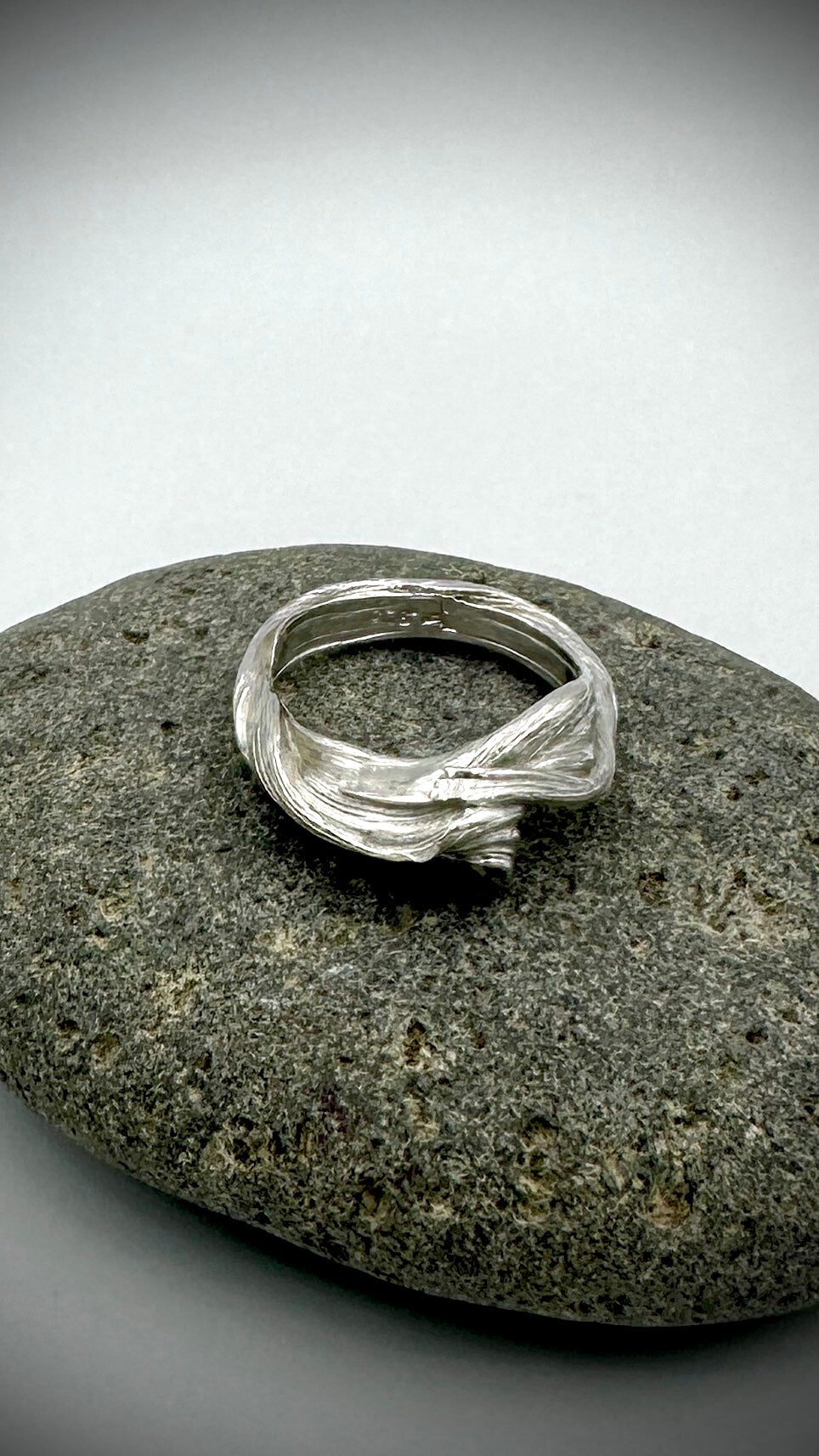 Close-up of twisted sterling silver layers on Flow State Ring, Mitsuro Hikime technique