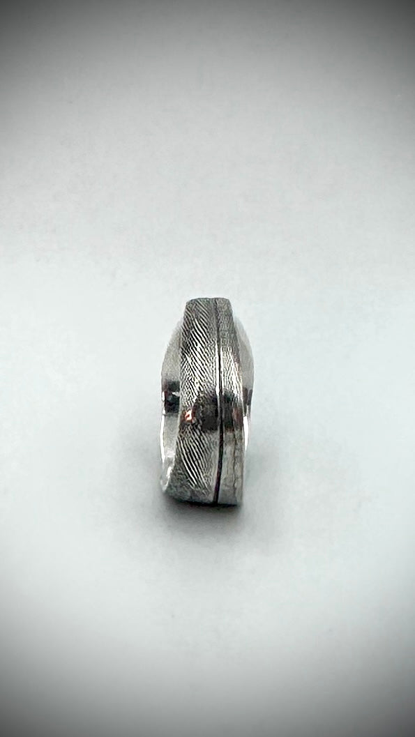 Close-up side view of sterling silver feather ring on white background, highlighting the central quill line and fine feather barb texture across the wide band — Marina Fox Fine Art