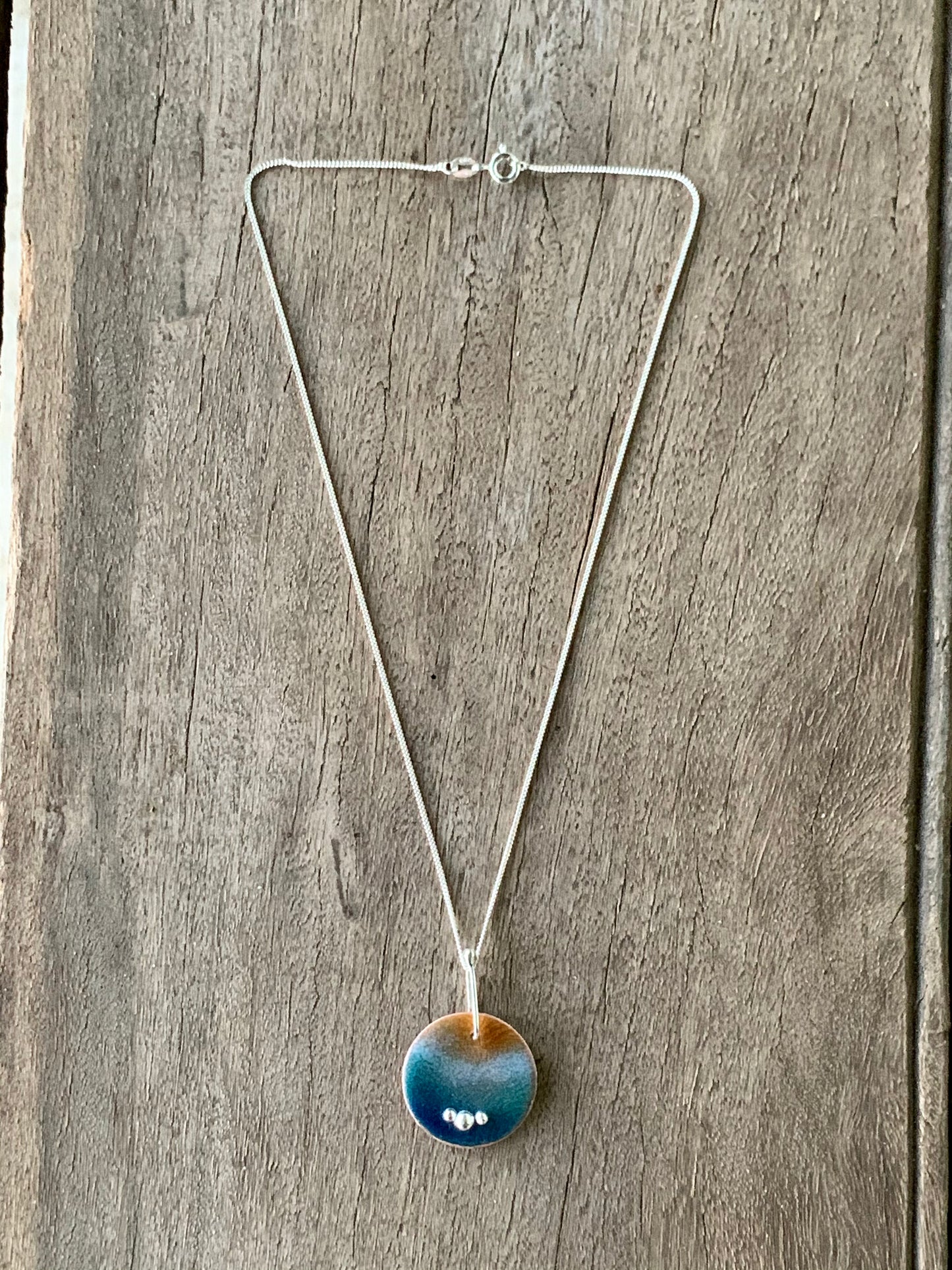 Enamelled beach pendant on 40cm diamond curb chain – handmade copper and sterling silver jewellery