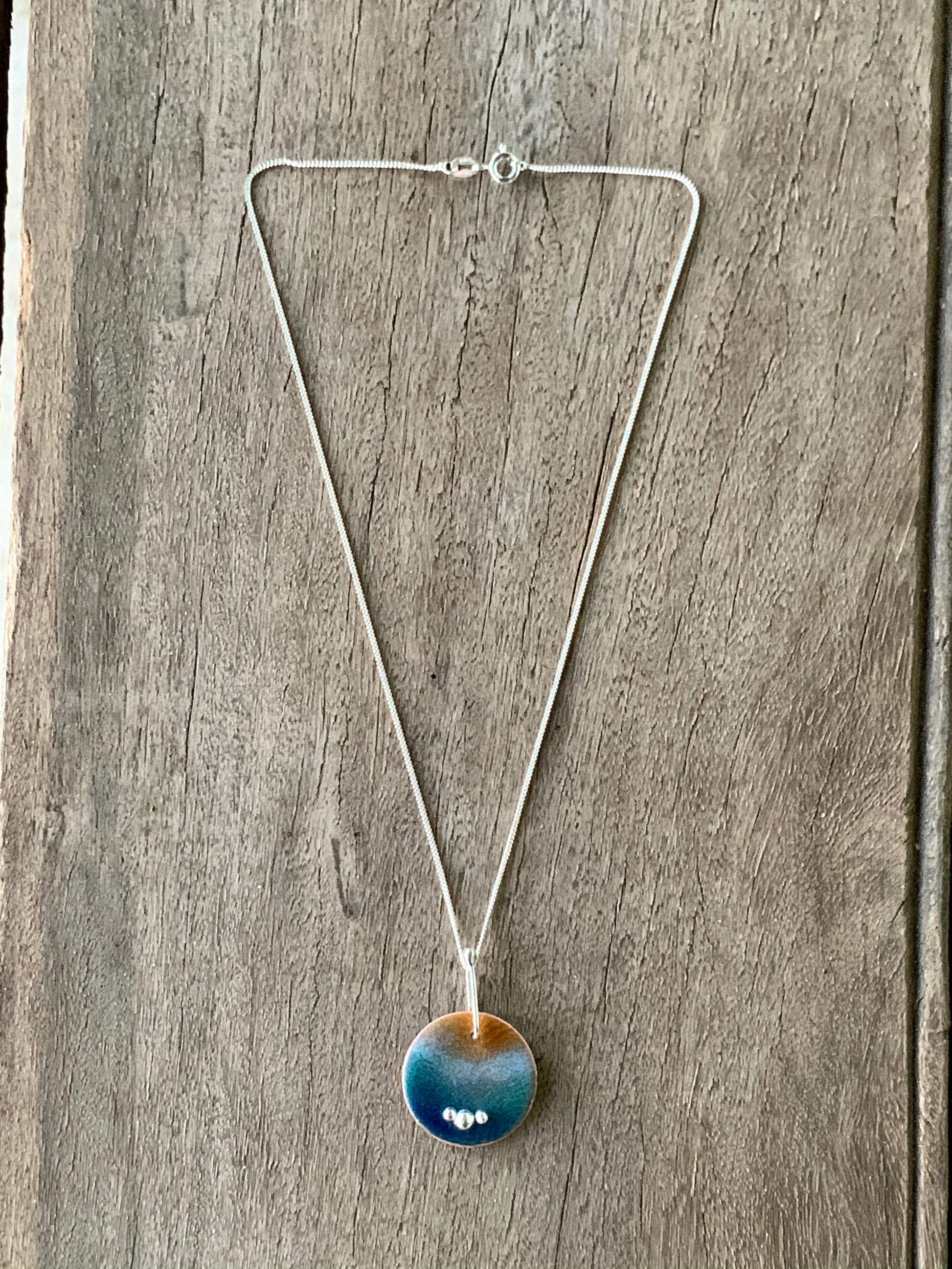 Enamelled beach pendant on 40cm diamond curb chain – handmade copper and sterling silver jewellery