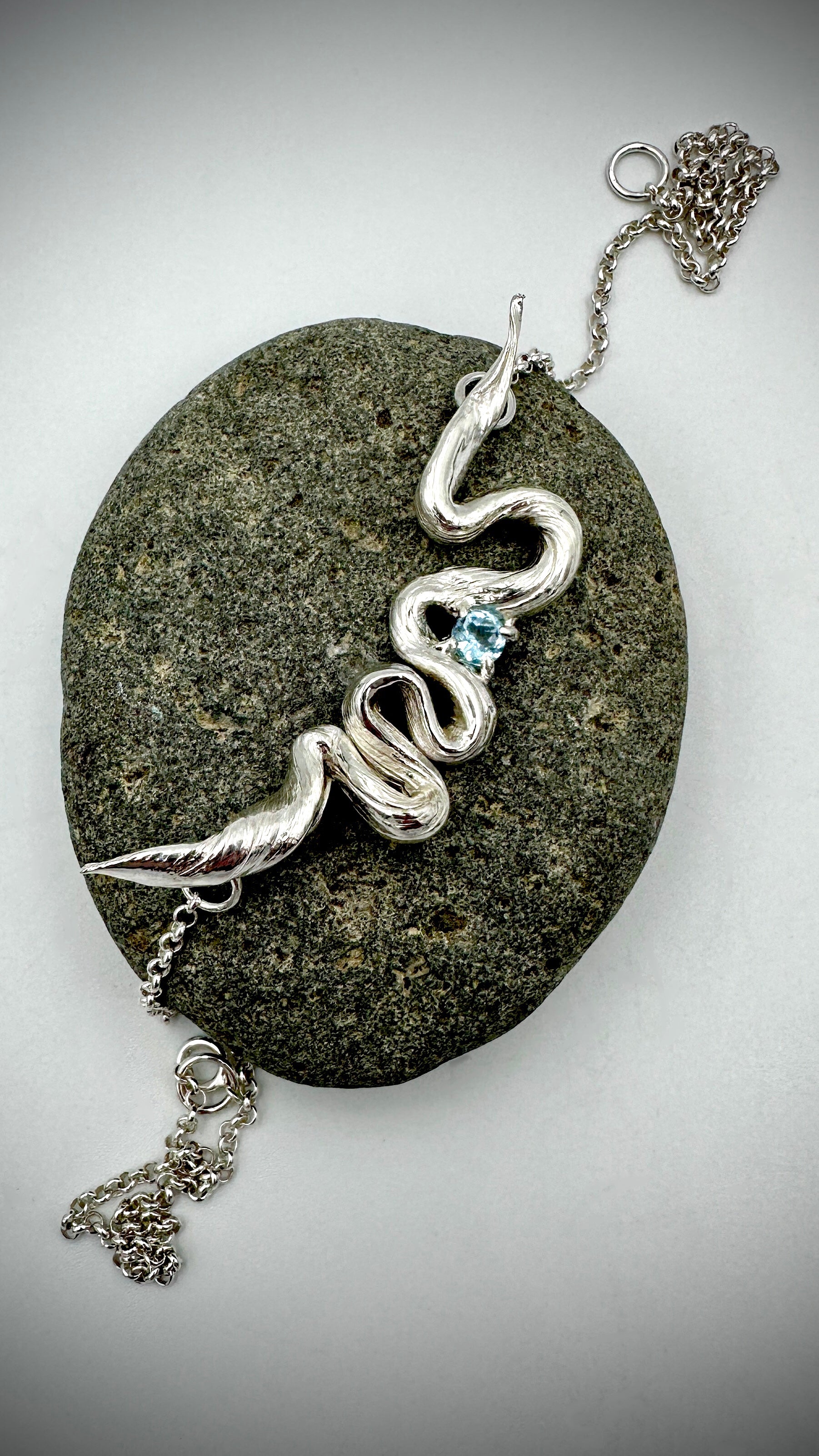Flow State Hazy Days trail necklace in sterling silver with Blue Topaz on 40cm Belcher chain