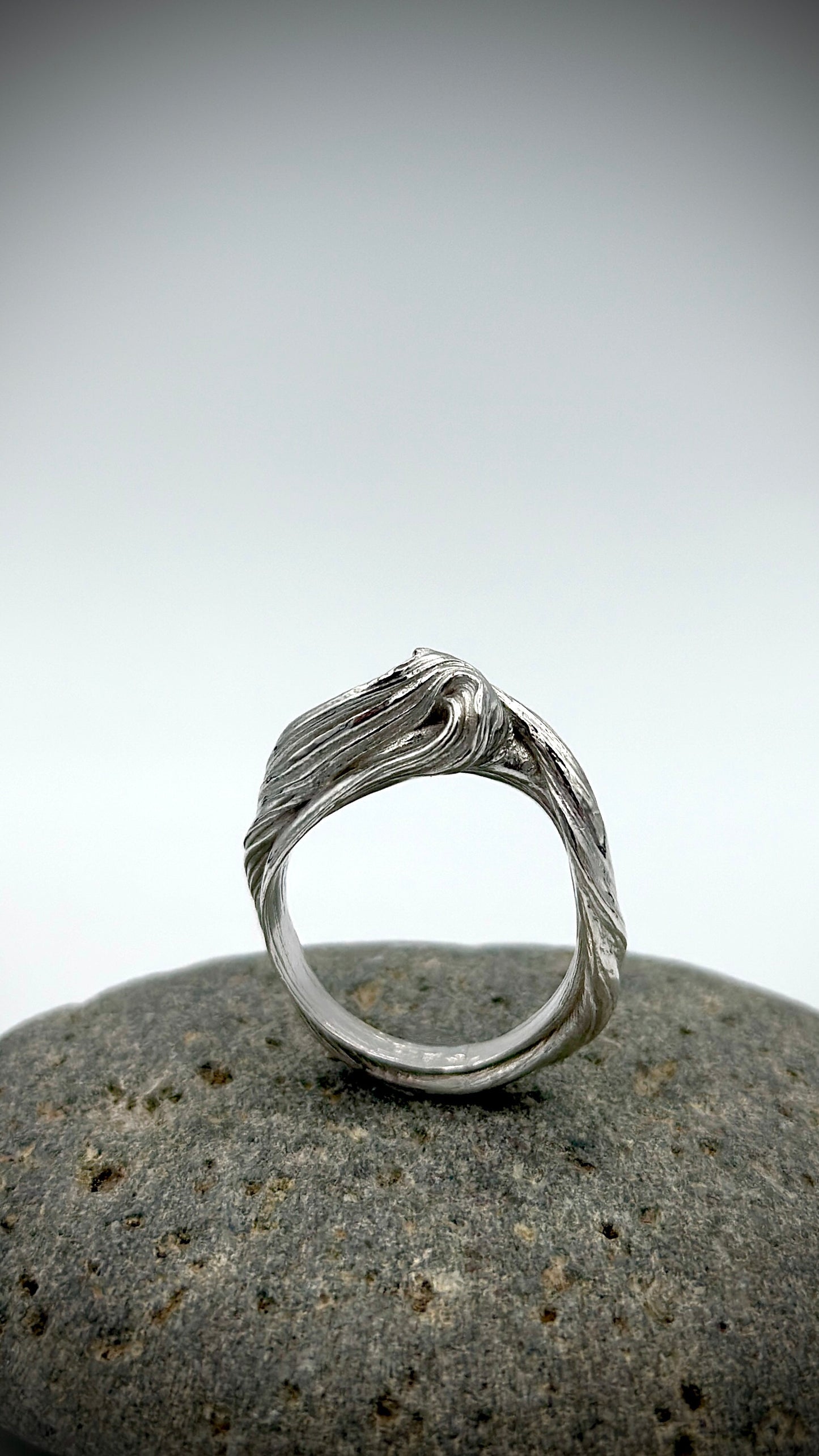 Flow State Mitsuro Hikime Ring in Sterling Silver - full ring view showing sinuous hand-folded silver lines