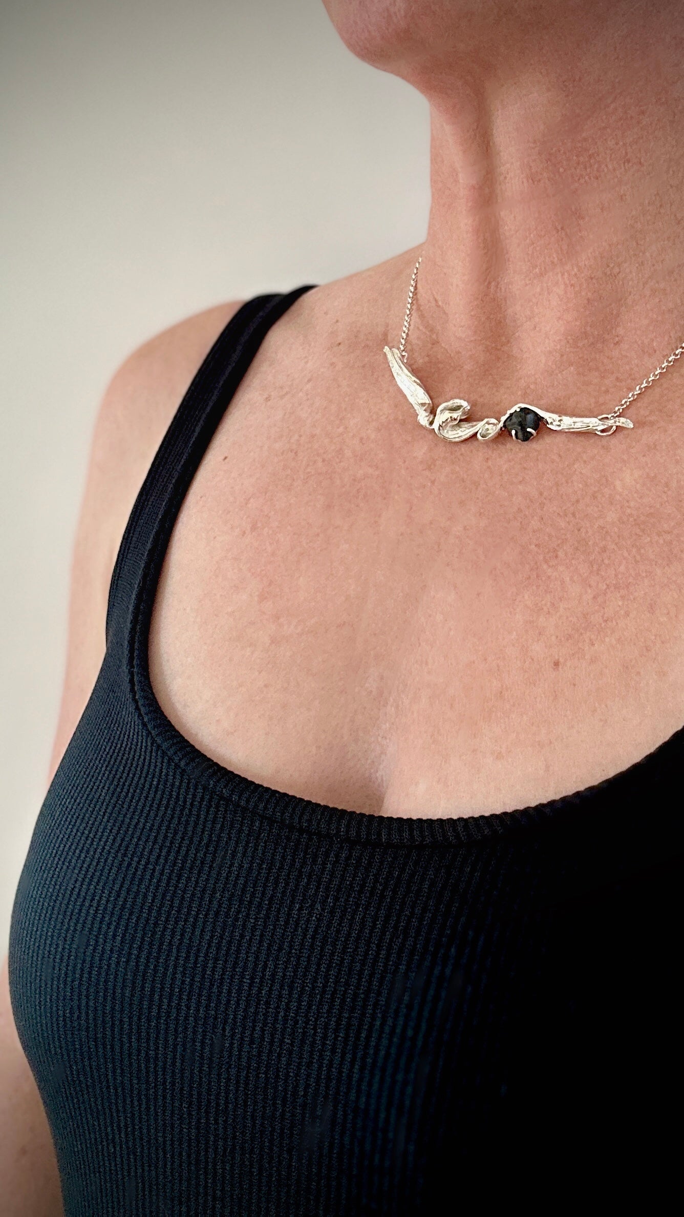 Handmade Flow State Trail Necklace – sterling silver with natural Tasmanian Black Spinel – Marina Fox Fine Art
