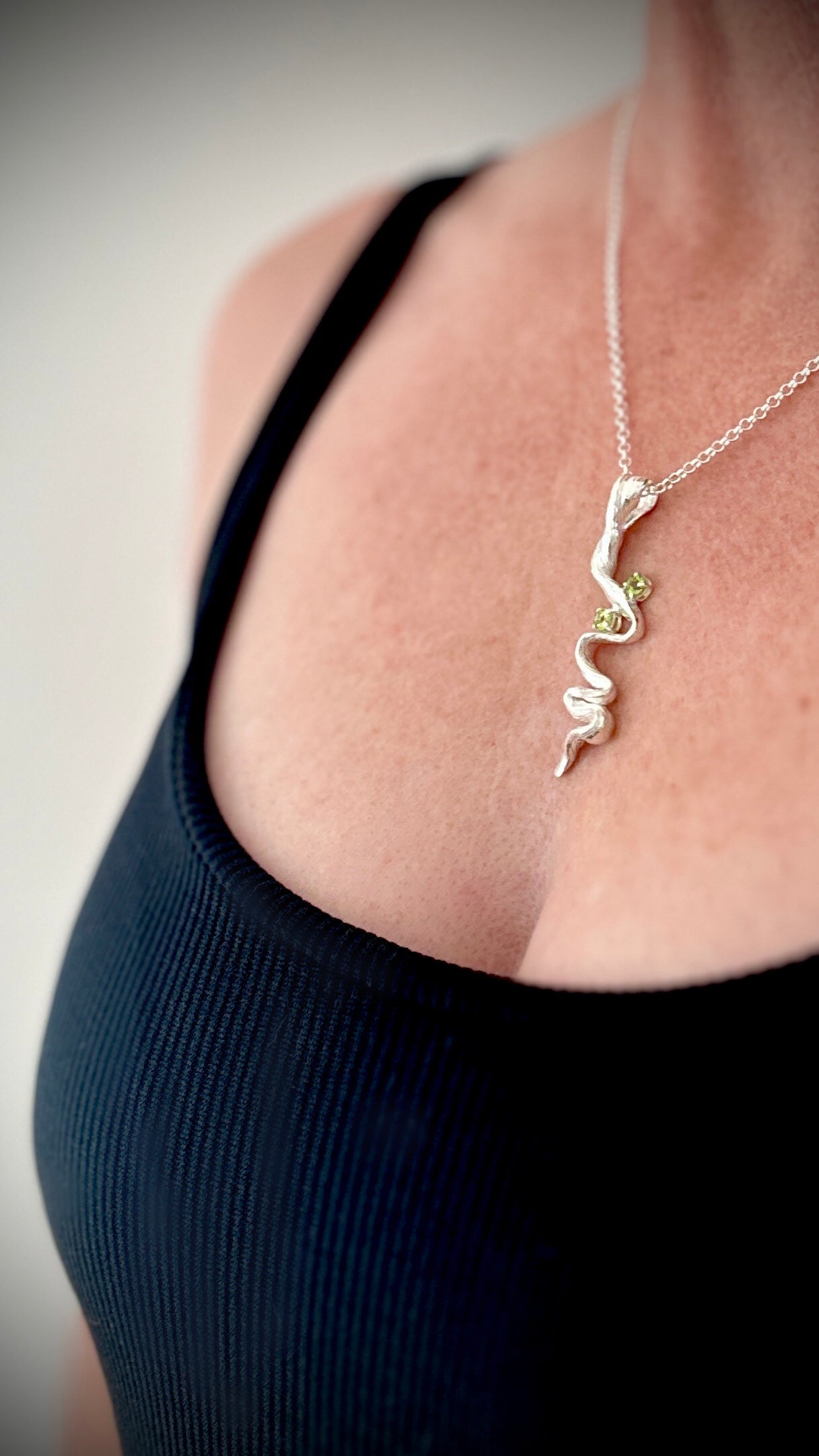 Handmade Flow State Trail Pendant – sterling silver with twin Peridot gemstones – Marina Fox Fine Art