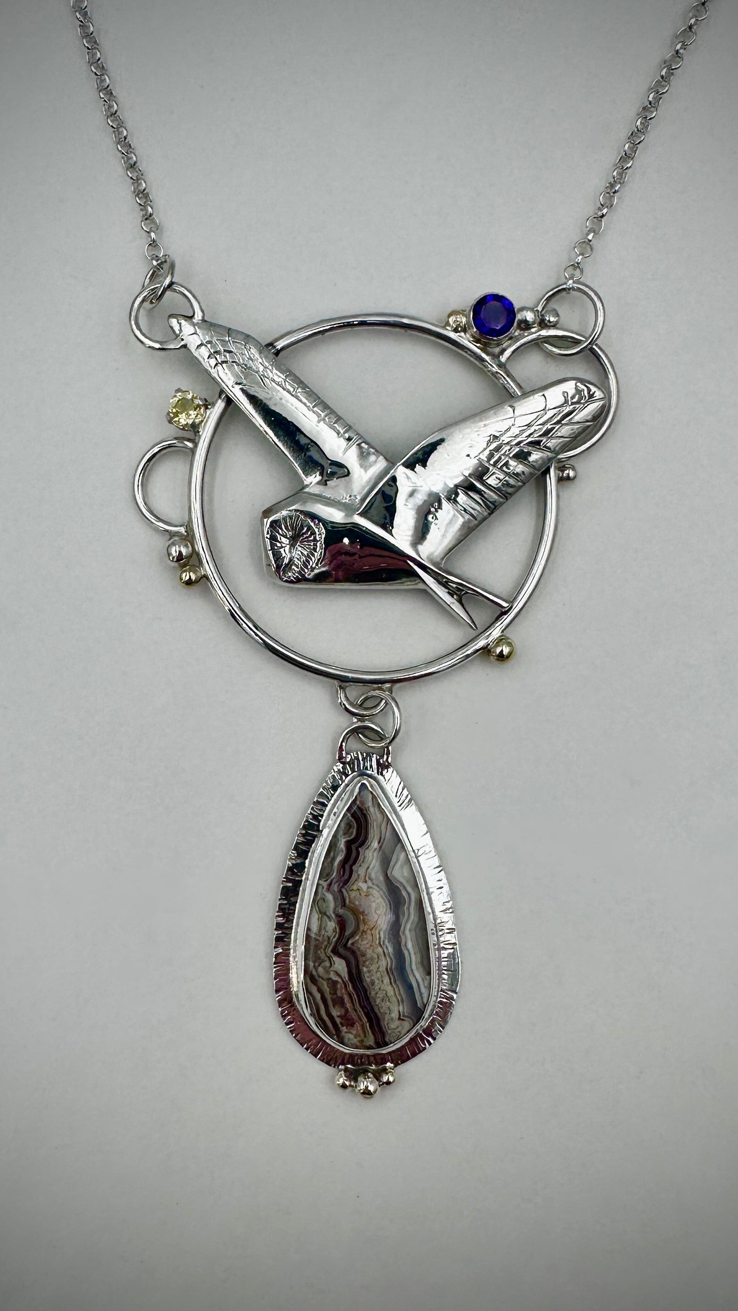 Hand sculpted sterling silver Barn Owl pendant with Crazy Agate cabochon and 9ct gold bubbles