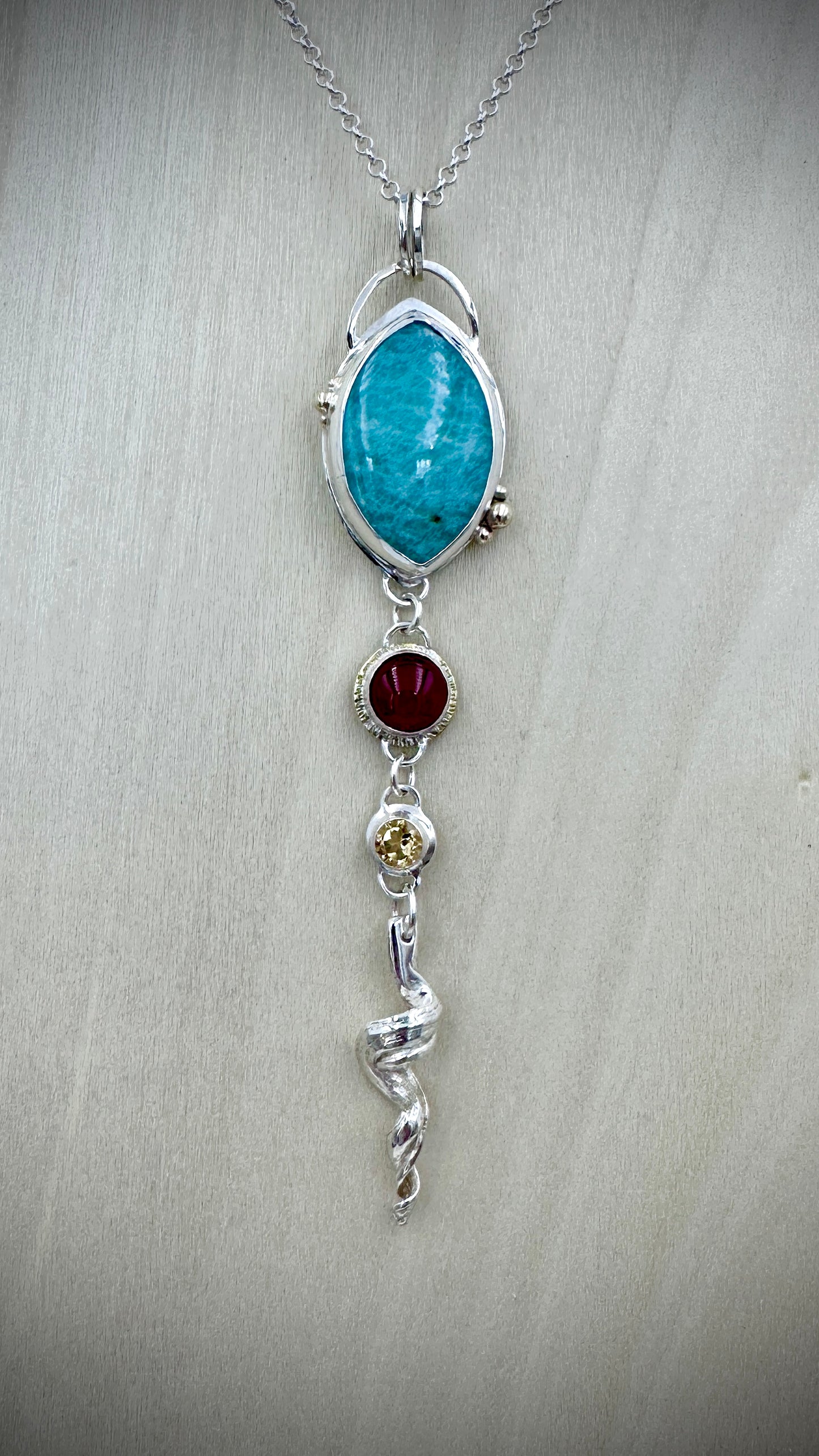 Handmade Amazonite pendant with 9ct gold bubbles, Carnelian and Citrine, sterling silver – Marina Fox Fine Art