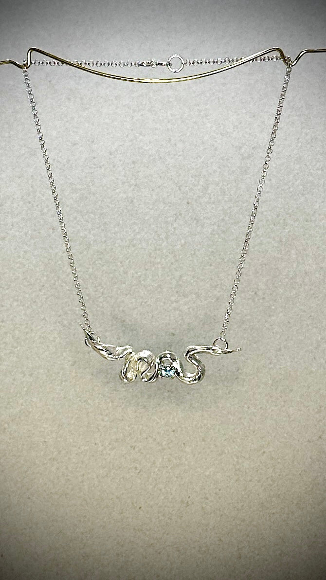 Handmade Flow State Necklace #4 – Mitsuro Hikime sterling silver trails with 5mm Blue Topaz – Marina Fox Fine Art