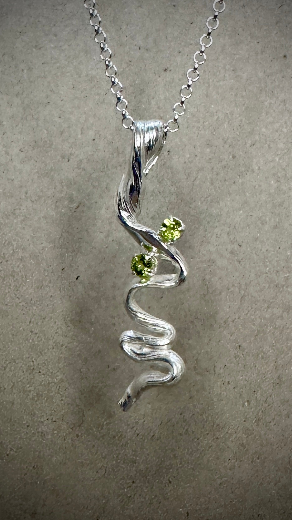 Handmade Flow State Trail Pendant Detonate – sterling silver with twin Peridot gemstones – Marina Fox Fine Art