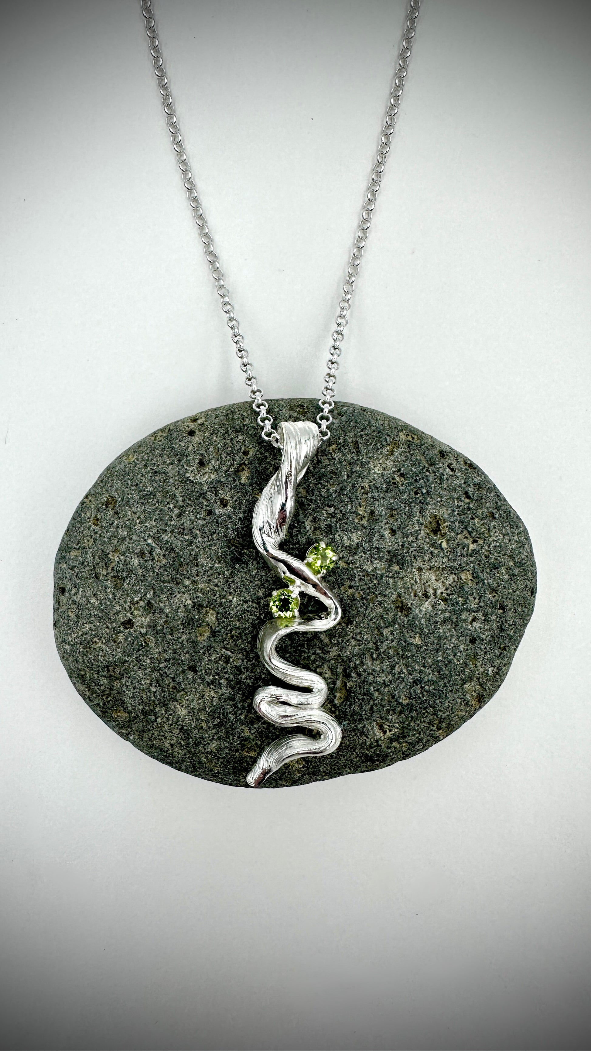 Handmade Flow State Trail Pendant – sterling silver with twin Peridot gemstones – Marina Fox Fine Art