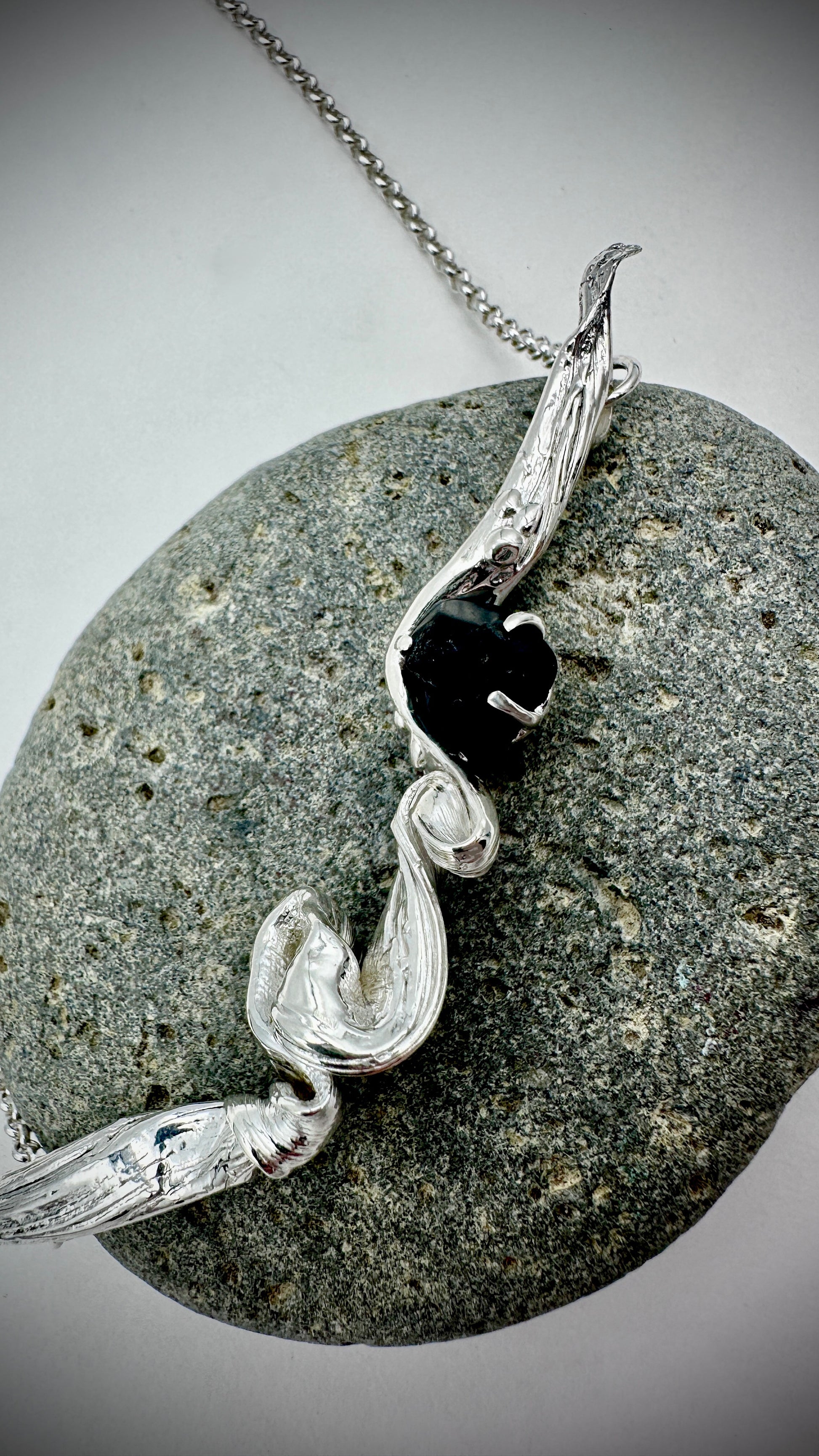 Handmade sterling silver and Black Spinel necklace – adventure jewellery inspired by mountain trails in Tasmania