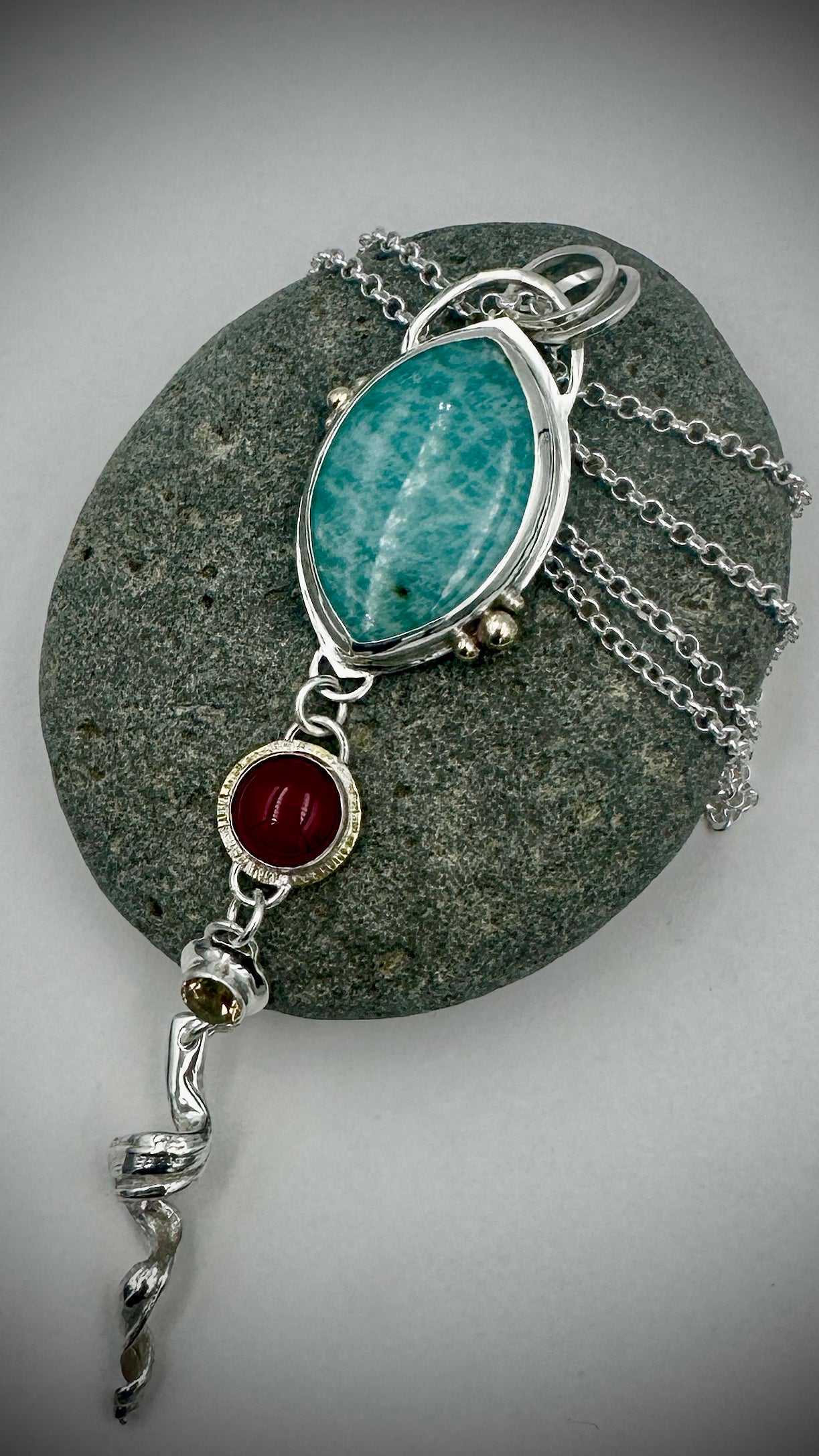 Layered gemstone pendant in sterling silver with Amazonite, Carnelian and Citrine and 9ct gold