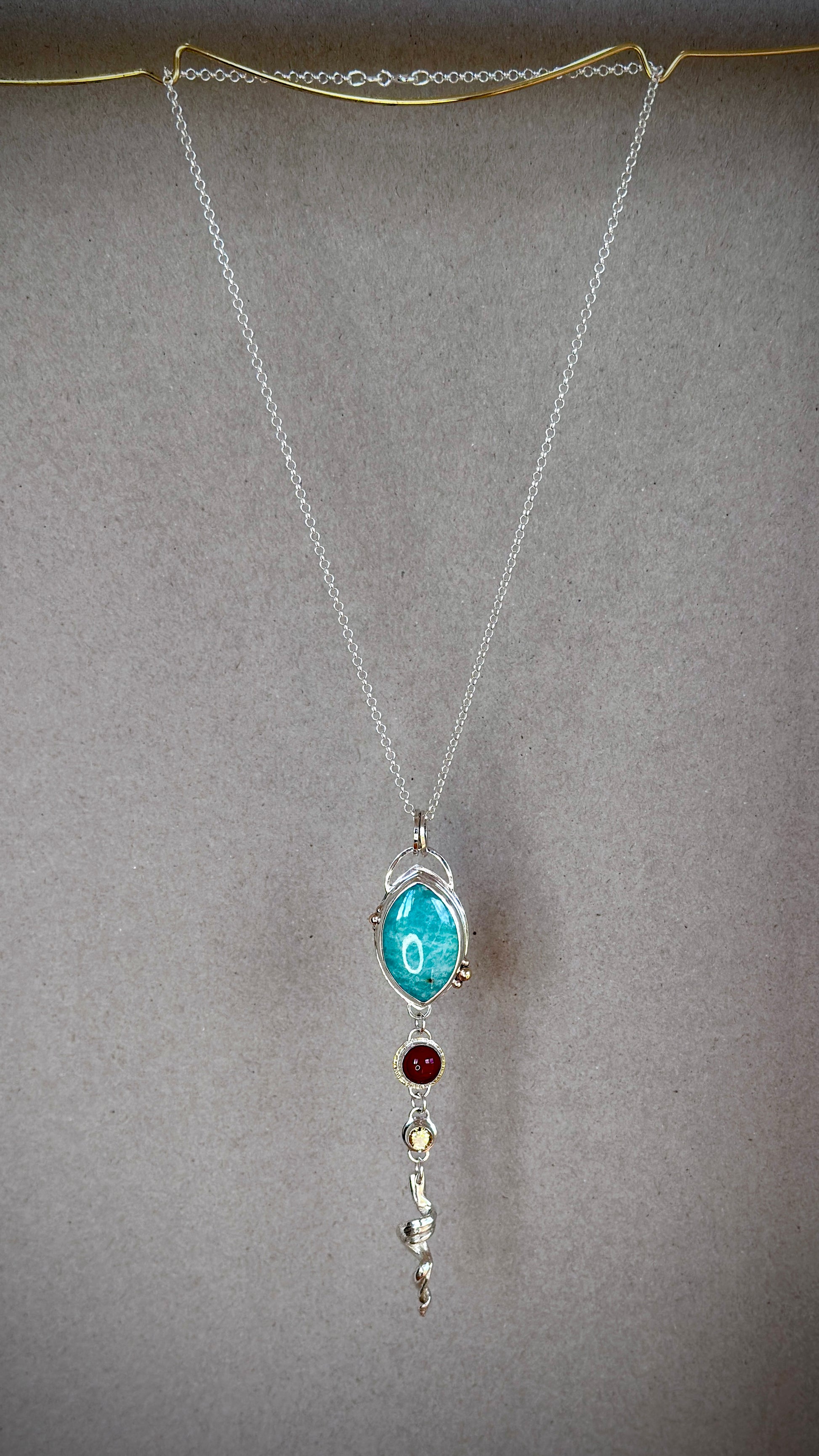 Layered gemstone pendant in sterling silver with Amazonite, Carnelian and Citrine – wearable fine art