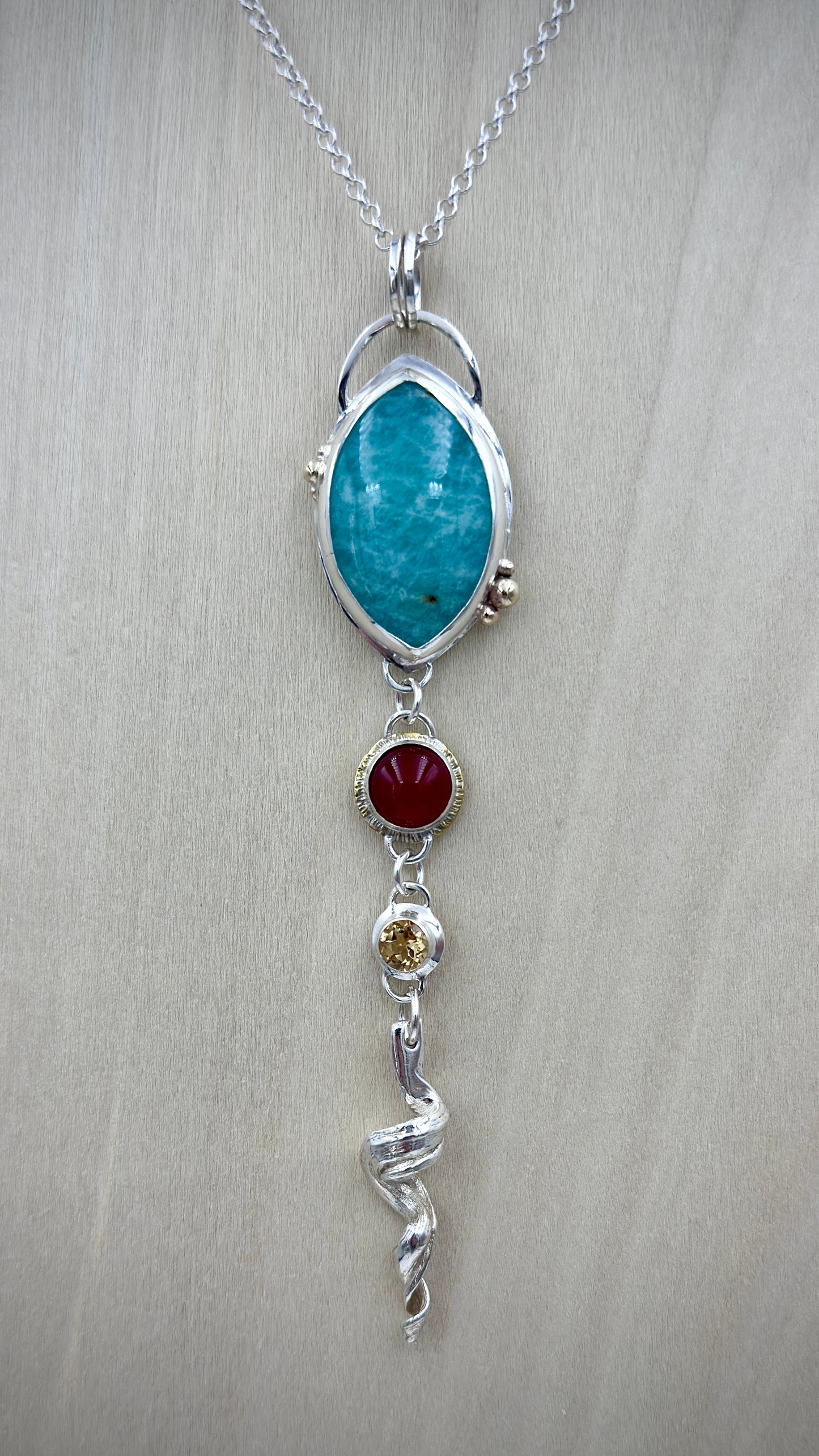 One-of-a-kind handcrafted pendant with Amazonite, red Carnelian and golden Citrine on silver chain