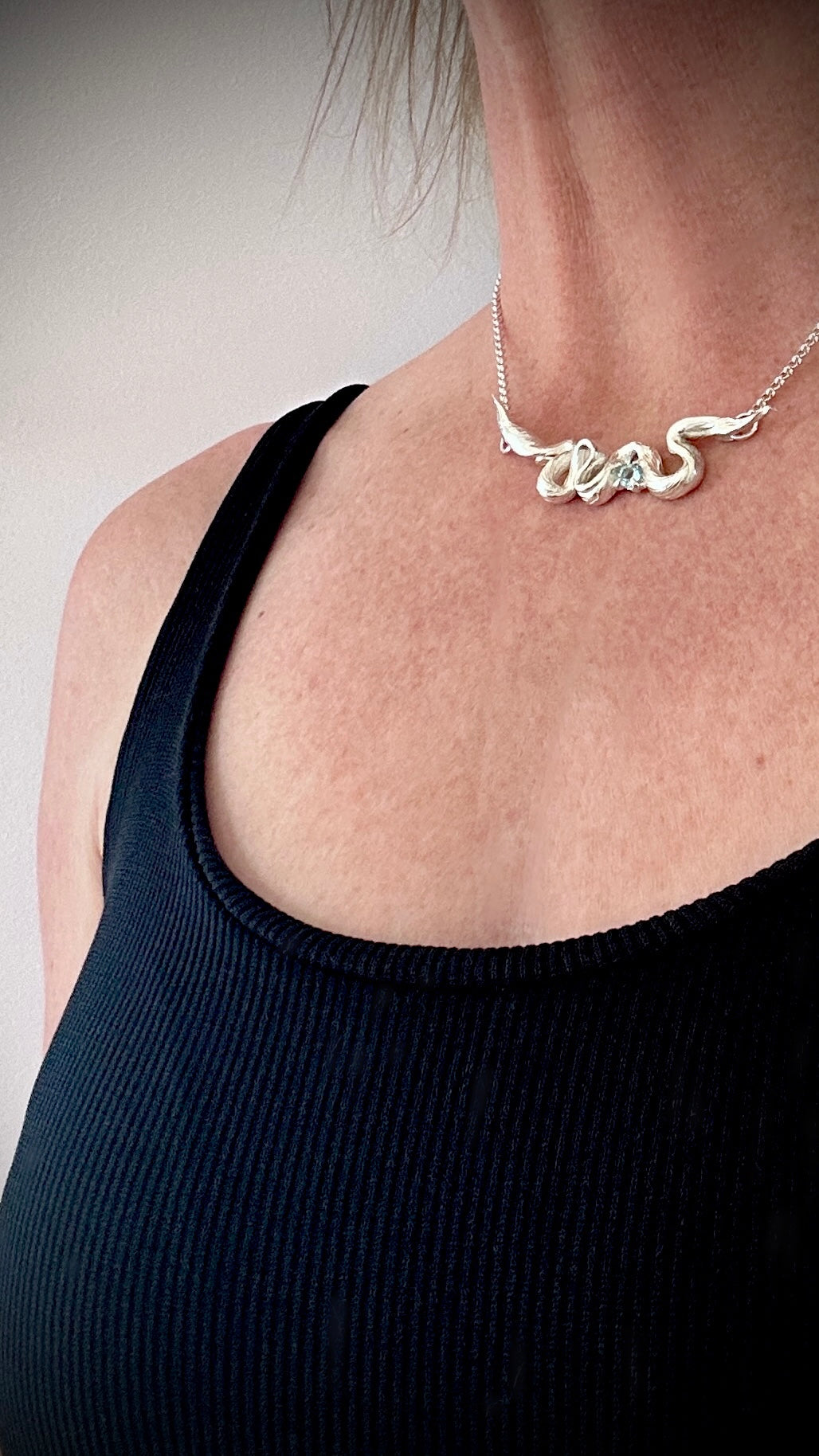 One-of-a-kind handmade sterling silver and Blue Topaz necklace – artisan jewellery by Marina Fox Fine Art