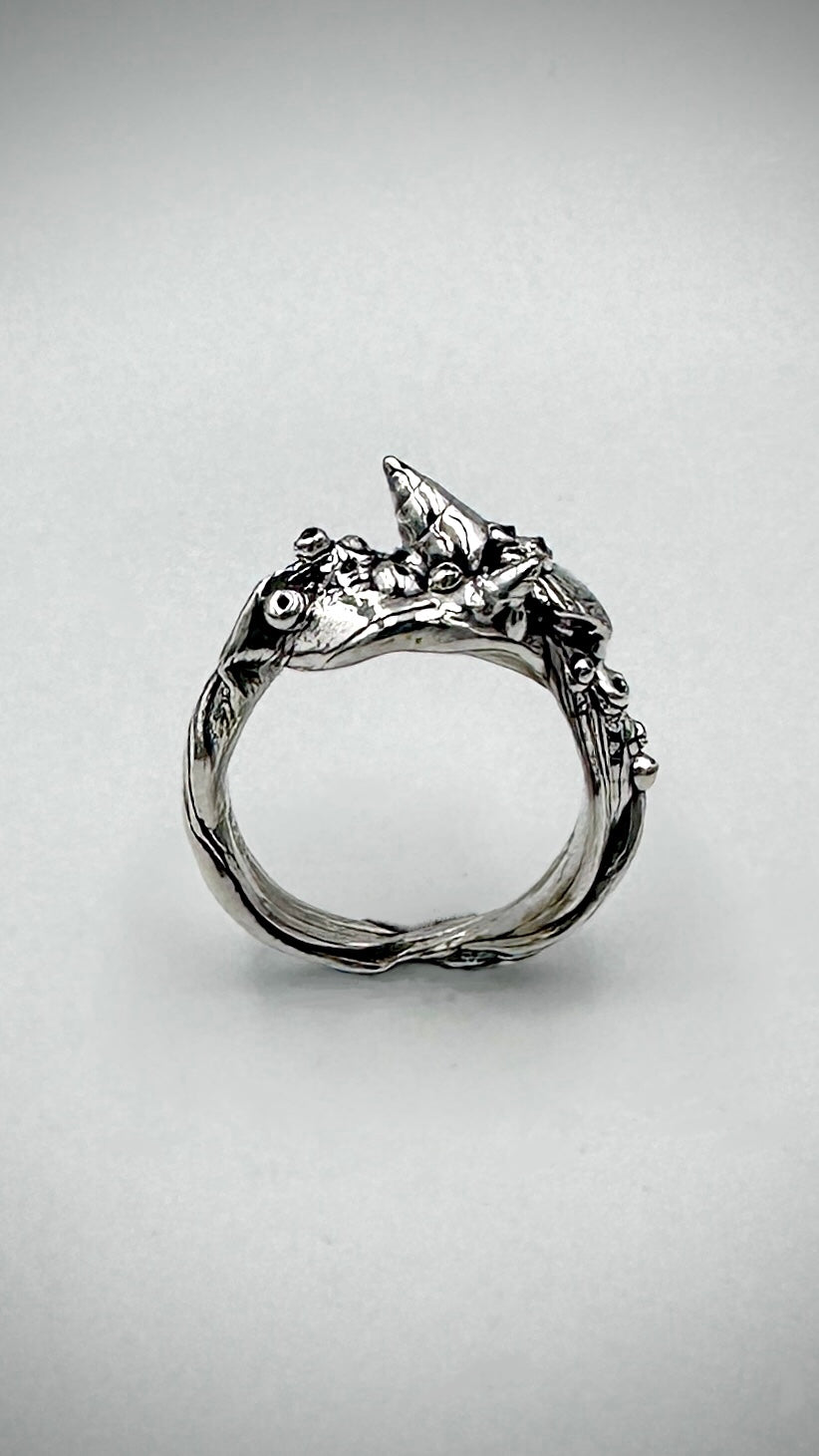 Shelley Beach Ring side profile showing organic beeswax texture and miniature shell details in sterling silver