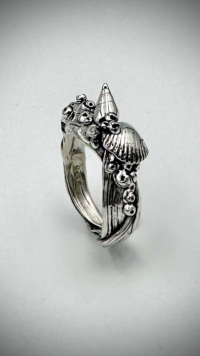 Shelley Beach Ring top-down view displaying mini shells on a twisted silver band