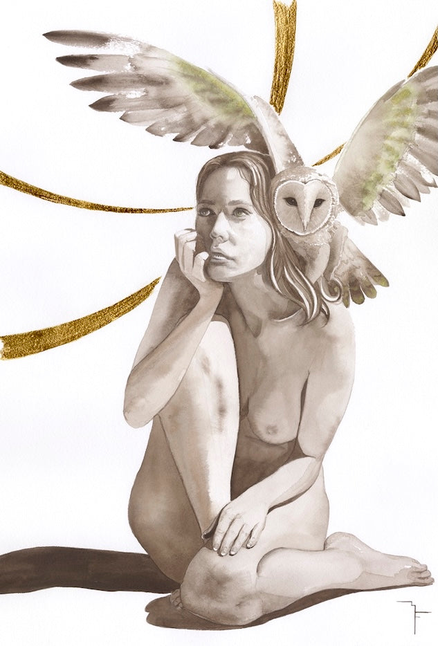 Watercolour & gold leaf fine art print of a female figure with barn owl by Australian artist Marina Fox. Archival giclée, limited edition, signed.